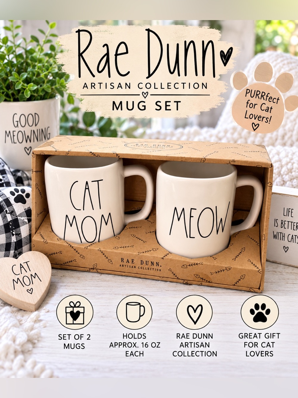 Rae Dunn Cream "Cat Mom" & "Meow" Mug Set new